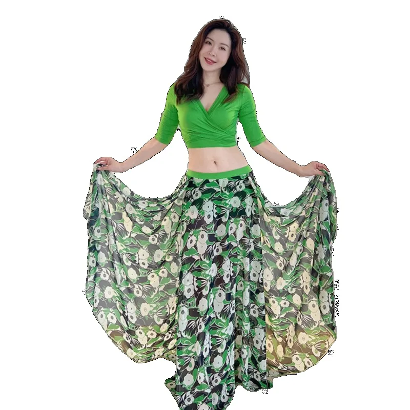 Customized SWEGAL Belly Dance Practice Dress Set Series Tie Top Green Printed Chiffon Big Swing Skirt Oriental Dance Large Size