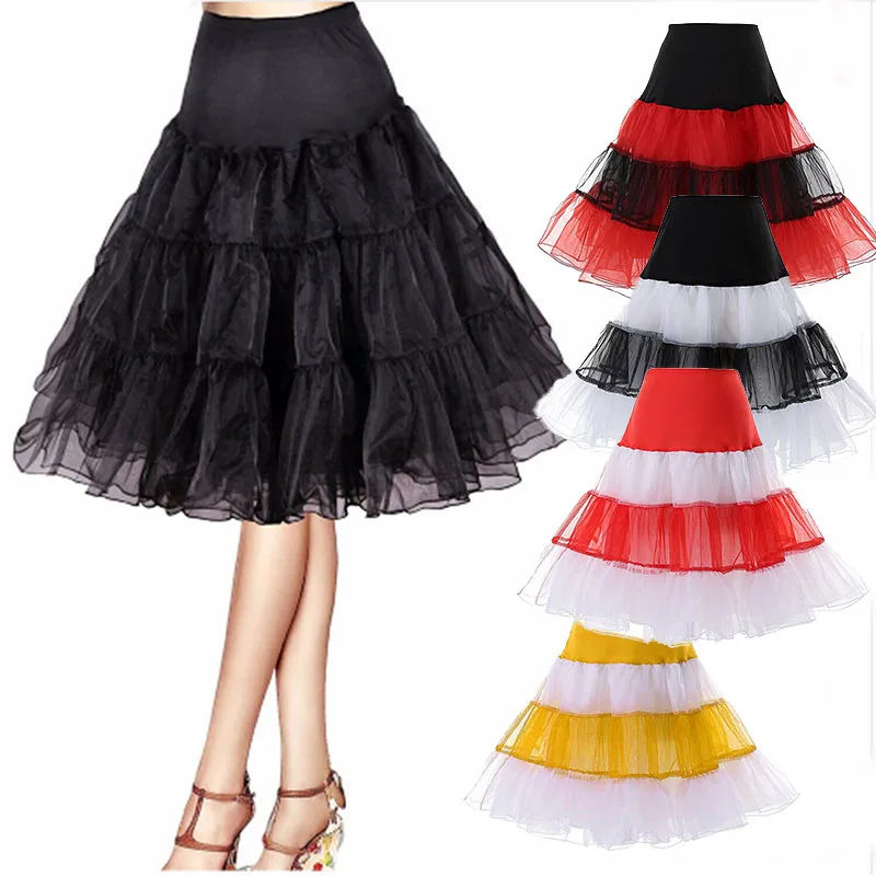 Cosplay halka Vintage 3 warstwy bufiasta Organza damska podkoszulek 65 cm kolano długość Rockabilly Cosplay huśtawka spódnica Tutu
