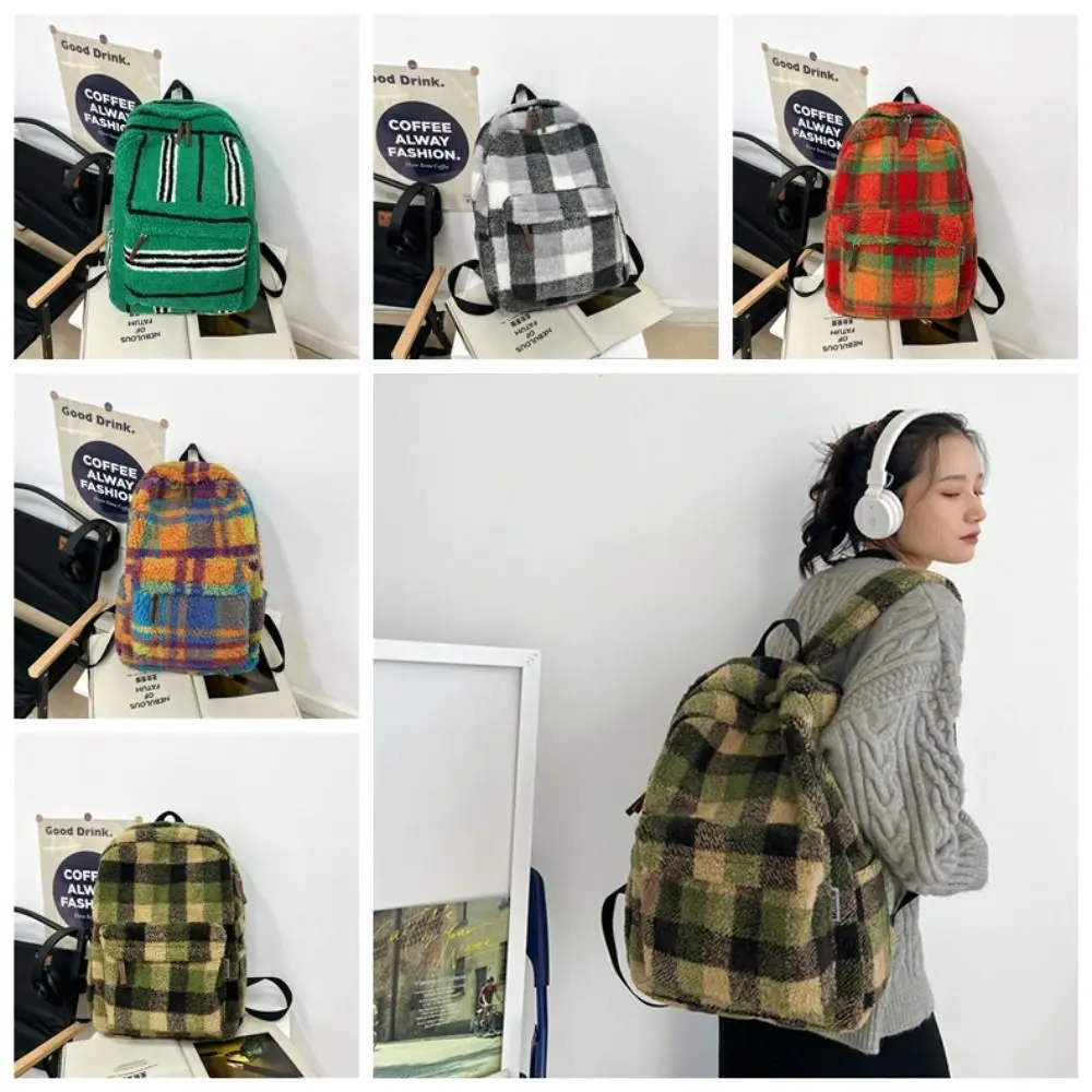 

Korean Style Colorful Plaid Backpack Soft Large Capacity Geometric Lamb Fleece Backpack Strip Preppy Trendy Shoulder Bag Gift