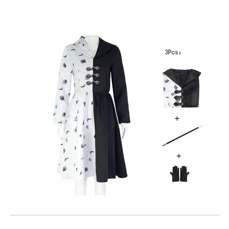Z0 كوس بلا الأبيض الساحرة Cruella Dr loween تأثيري حلي المرأة التقليدية العرقية مرحلة الأداء الملابس