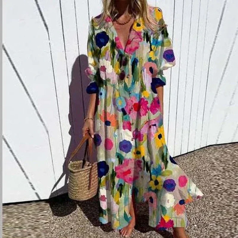 Women\'s Retro Geometry Circle Print Long Dress, Spring Single Breasted Lapel Shirt Dress, Summer Puff Short Sleeve, A-Line Boho