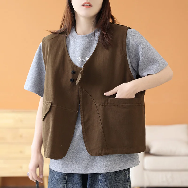 2023 New Fashion Ladies Vest Loose Big Size Spring And Summer Sleeveless Pocket Coat Tooling Jacket Pocket Women Waistcoat