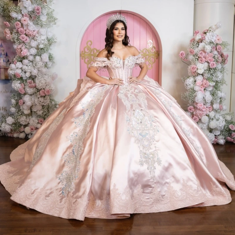 

Pink Shiny Ball Gown Quinceanera Dresses Applique Lace Beading Crystal Bow Tull Corset Off Shoulder Sweet 16 Dress Vestidos 15