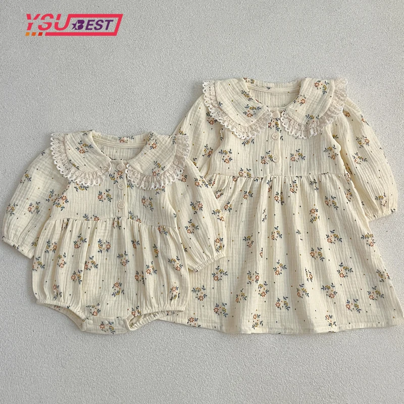 Spring New Baby Girl Party Flower Dress Long Sleeved Cotton Lace Stitching Sister Dress Baby Girl Romper Kids Princess Dresses