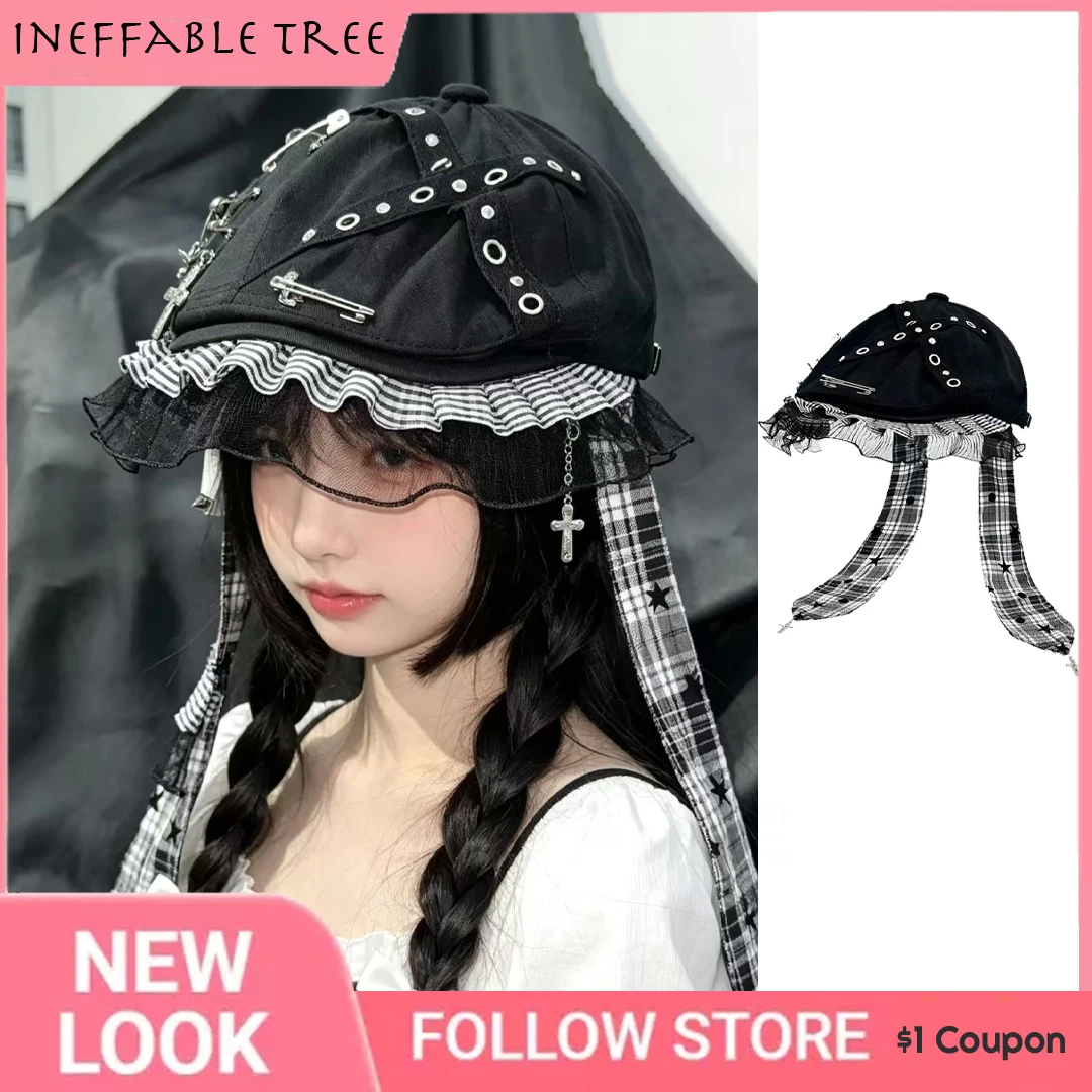 Punk Vantage Style Designer Spice Lace Berets Hat for Women Darkness Summer Autumn Street Long Ear Streamer Cap Gorros De Hombre