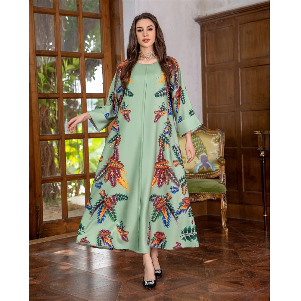 

Muslim Women Abaya Beads Dubai Long Maxi Dresses Floral Print Turkey Eid Mubarak Kaftan Party Arab Robe Islamic Morocco Jalabiya