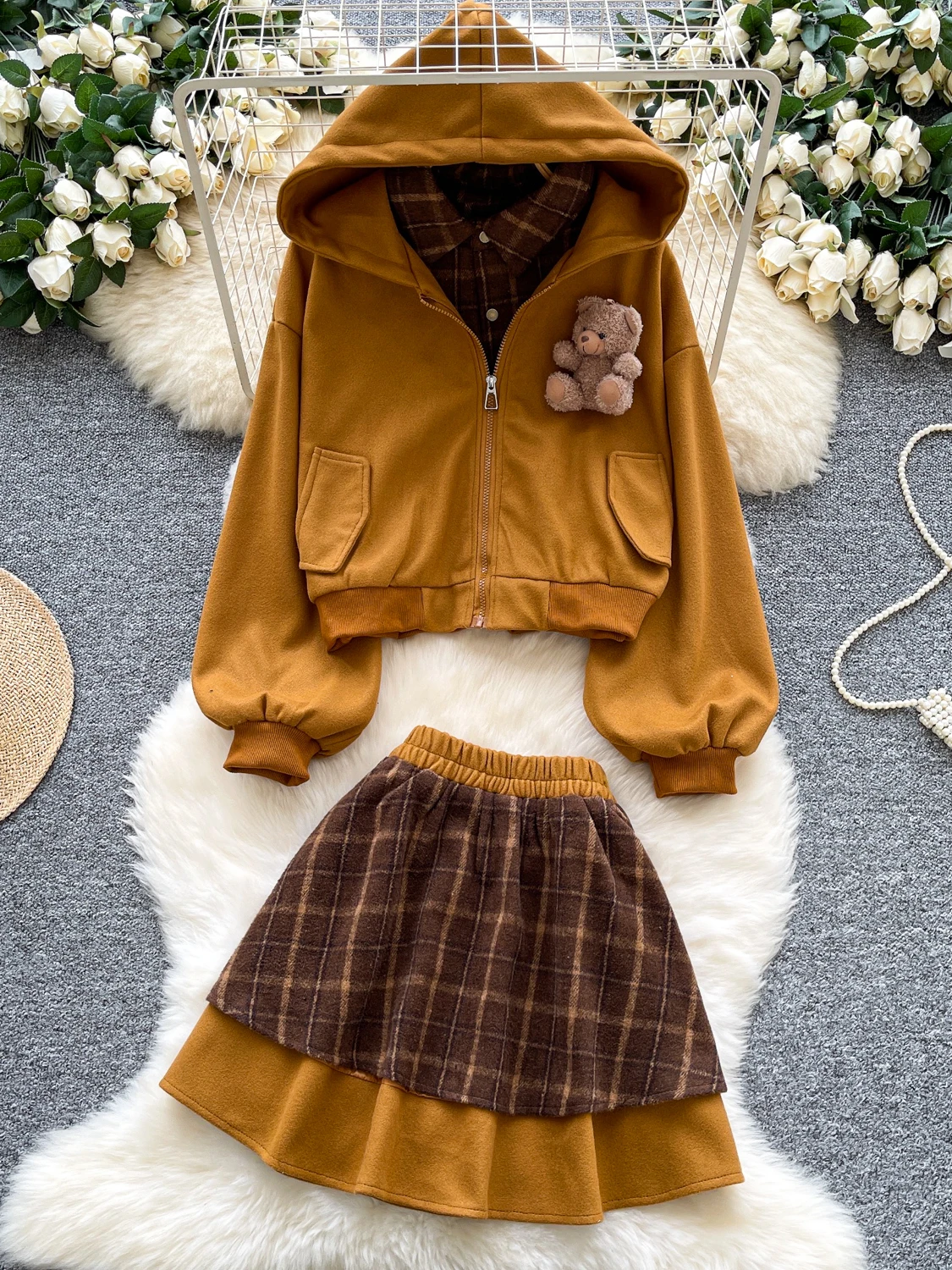 Sweet And Spicy Girl Casual Set Women's Autumn Faion Plaid Patchwork Hoodie Jaet High Waist  Skirt Two Piece Set