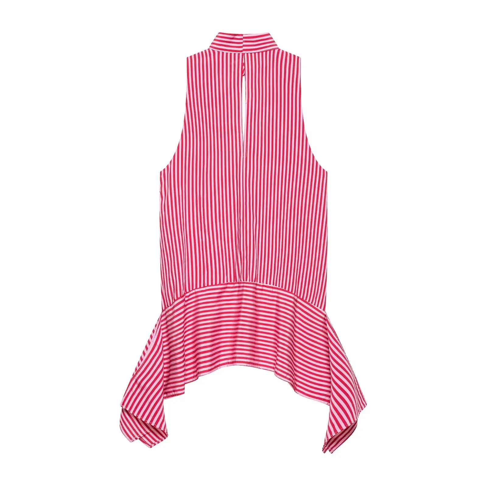 HH Französischer Stil Rot Gestreiftes Neckholder-Top Damen Bluse mit Schleifenkragen Unregelmäßiger Rüschensaum Sommer Picknick Resort Strand Outfit – Detail 3