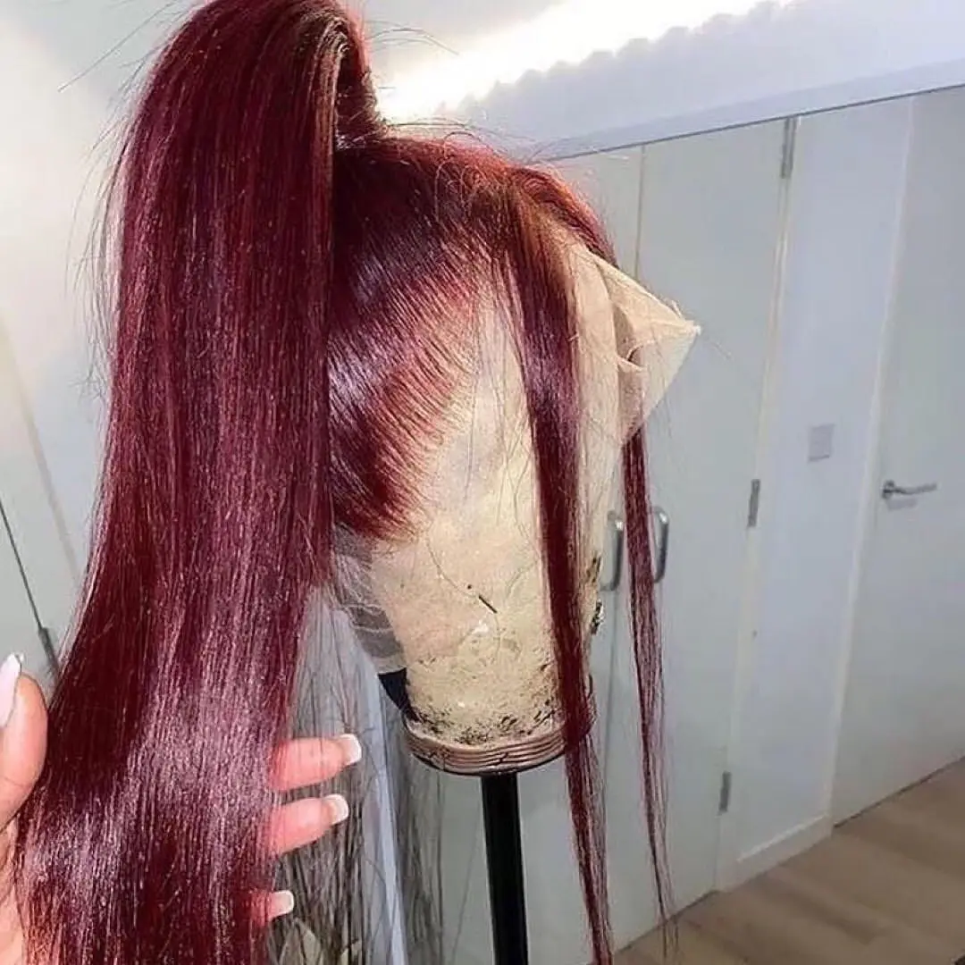 

26-дюймовый парик 99J, мягкий, длинный, шелковистый, прямой, с свободной линией роста волос, бордовый, 13x4, с кружевной передней частью, для чернокожих женщин, натуральный синтетический, с предварительно выщипанными прядями и эффектом натуральных волос.