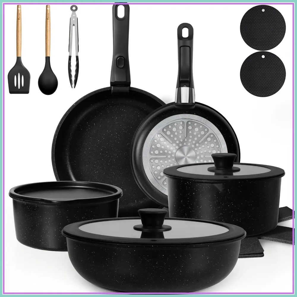 

20 Pcs Non Stick Pots and Pans Set with Detachable Handles, Induction RV Cookware, Dishwasher & Oven Safe, Easy Clean