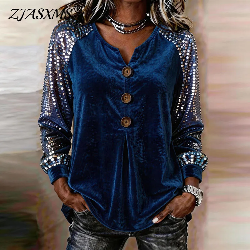 Women Velvet Sequin Patchwork Shirt Raglan Long Sleeve Button Front Split Loose Blouse New Autumn Casual Daily Fashion Tunic Top