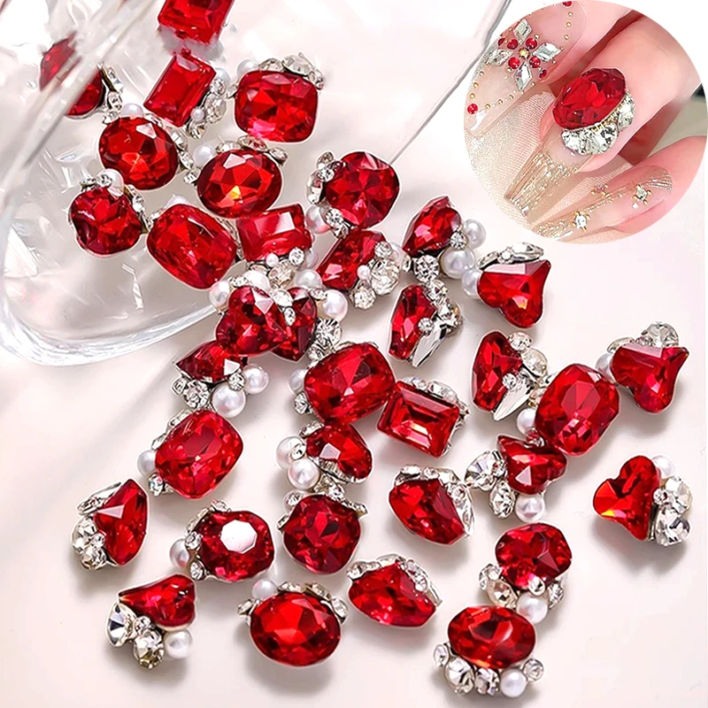 10pcs Nail Art Rhinestones Decorations Set multiple style 3D Red Heart Gem with Crystal Diamond DIY Shiny Gem Nail Accessories