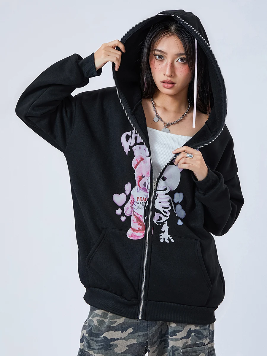 Y 2K Full Rits Hoodie Vrouwen Oversized Gothic Sweatshirt E-Girl Strass Lange Mouw Grafische Jas Streetwear