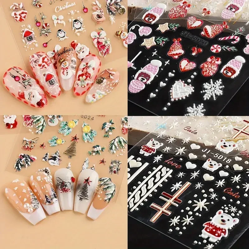 1/4Sheet of 5D Embossed Self-Adhesive Cartoon Nail Art Stickers with Santa Claus Elk and Snowman Design for Women and Girls Wear