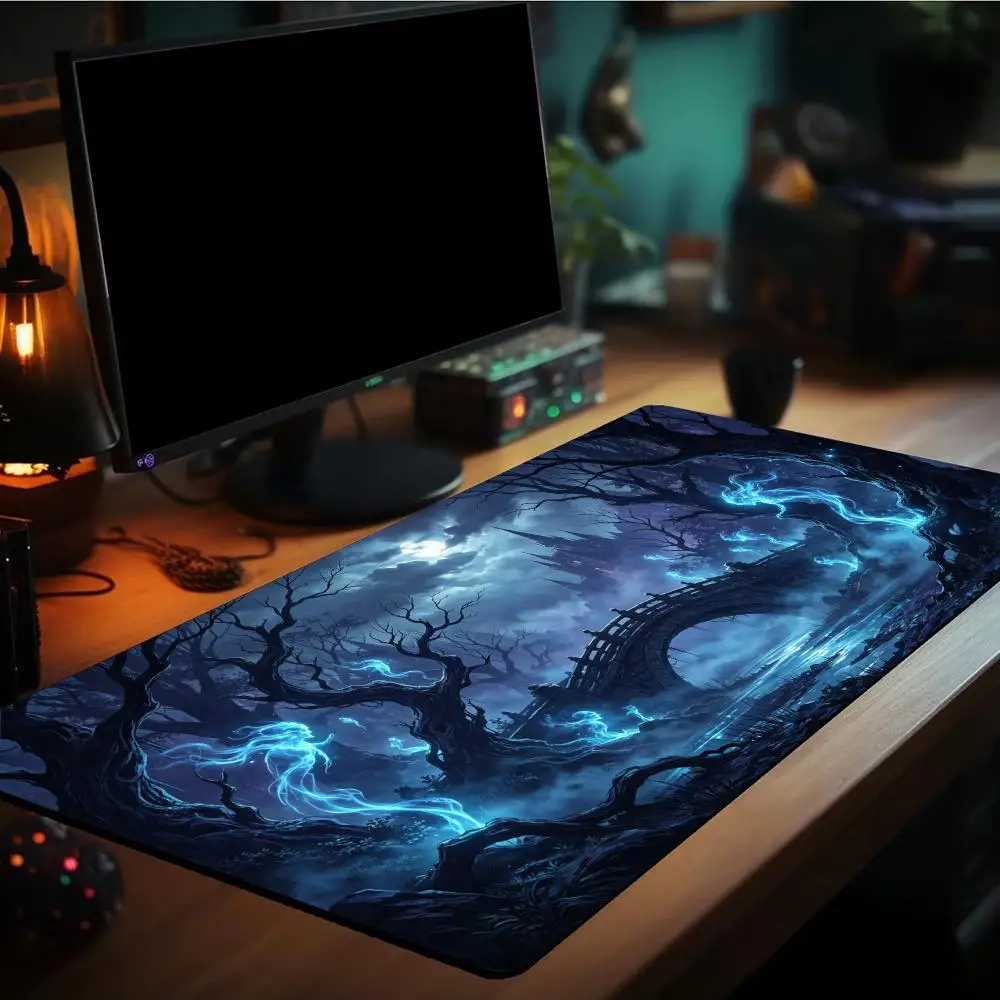 Moonlit Gothic Bridge Large Mouse Pad Play Mat 24x14Inch Non‑Slip Rubber Desk Mat Stitched Edge Game Keyboard Mousepad Mouse Mat
