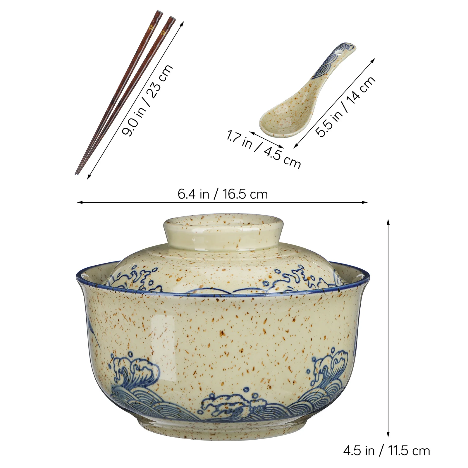 2 Sets Ceramic Ramen Bowl with Lid Spoon Chopsticks for Soup Rice Noodles Traditional Tableware Microwave Dishwasher Safe 750ML