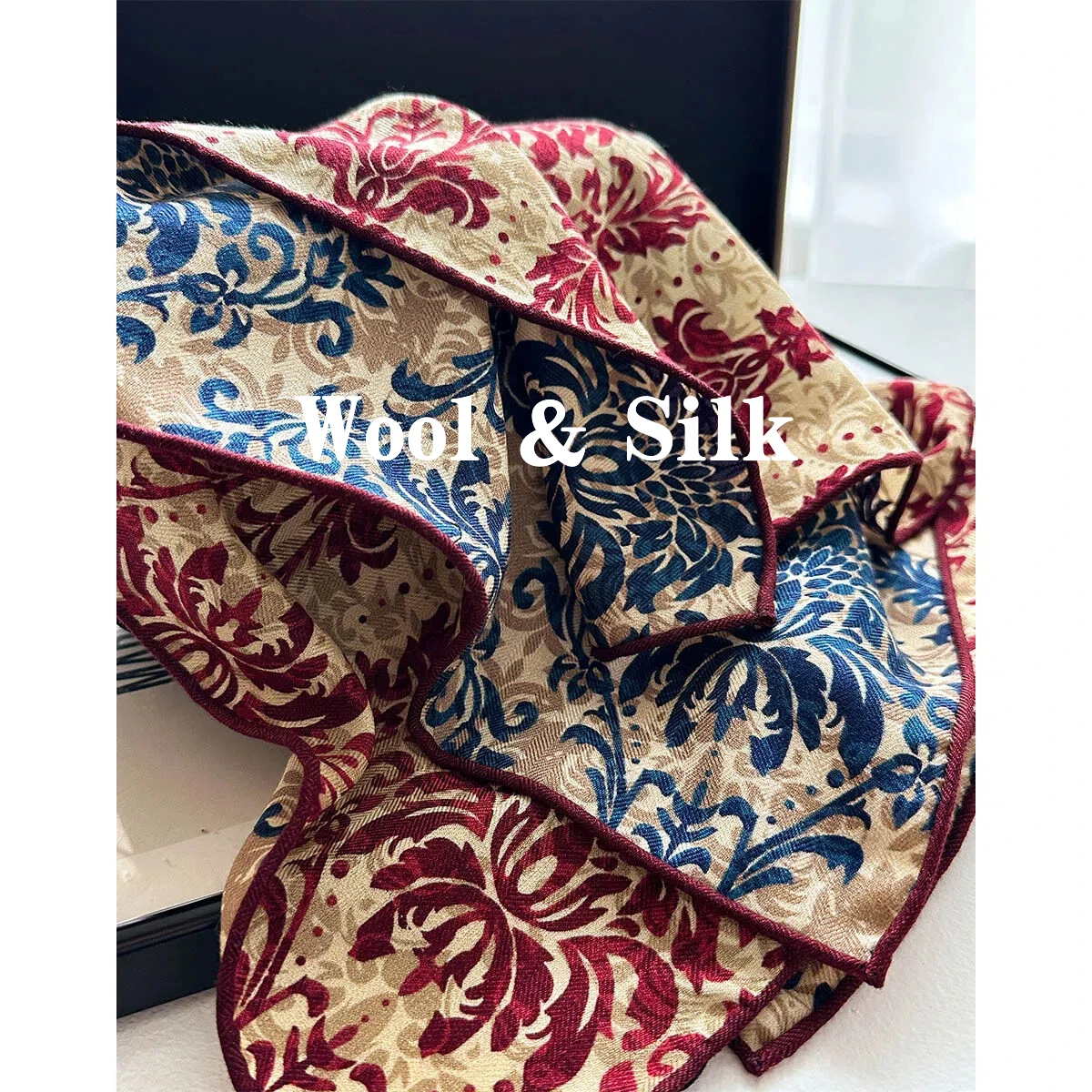 82% Wool 18% Silk Square Scarf for Women 2026 Vintage Ethnic Orange Reversible Neck Scarves Luxury Designer Winter Accessories