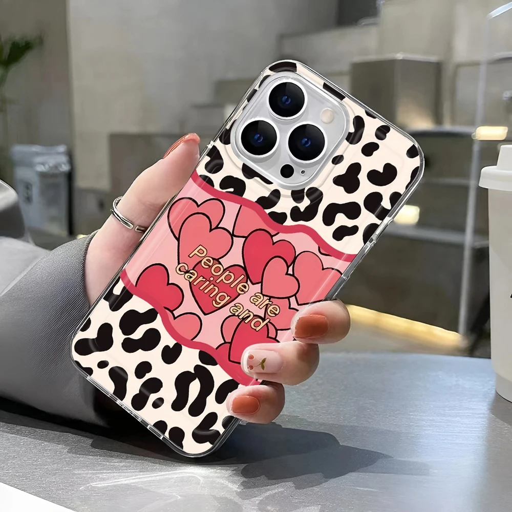 Casing HP INS Motif Leopard Love untuk iPhone 13 15 11 14 12 16 Pro Max 7 Plus 16e XR XS Max SE 2022 Bahan TPU Lembut Transparan