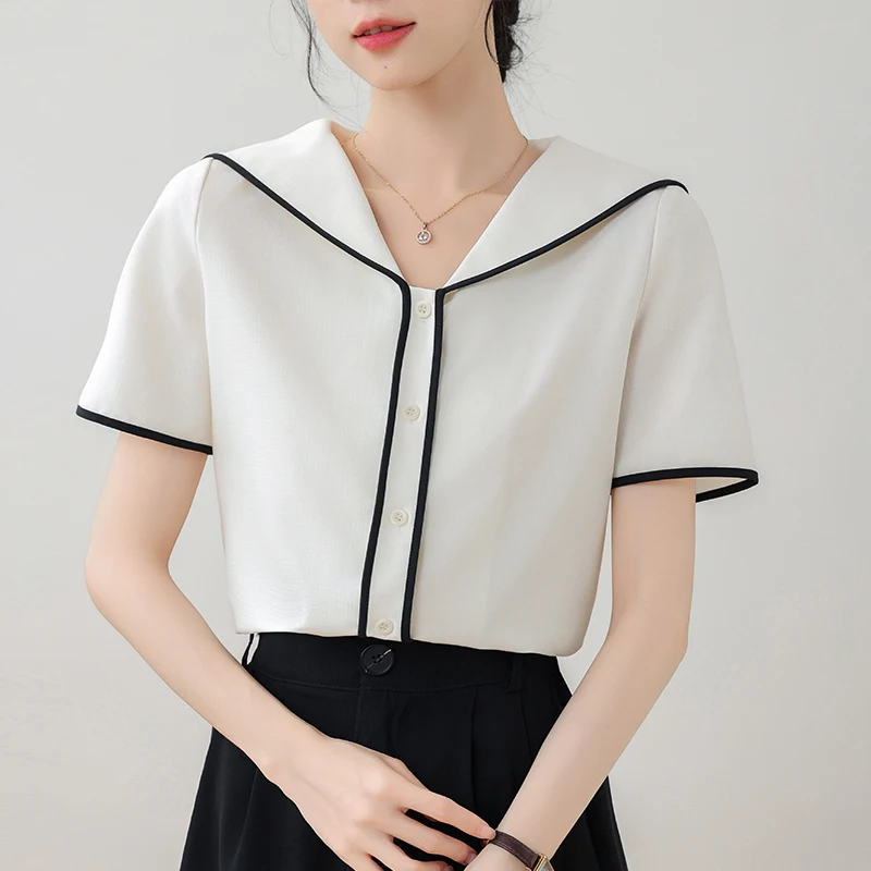 2024 Summer New Sailor Collar Shirts & Blouses Fashion Korean Satin Casual Blouse for Women Patchwork Elegant Office Lady Tops