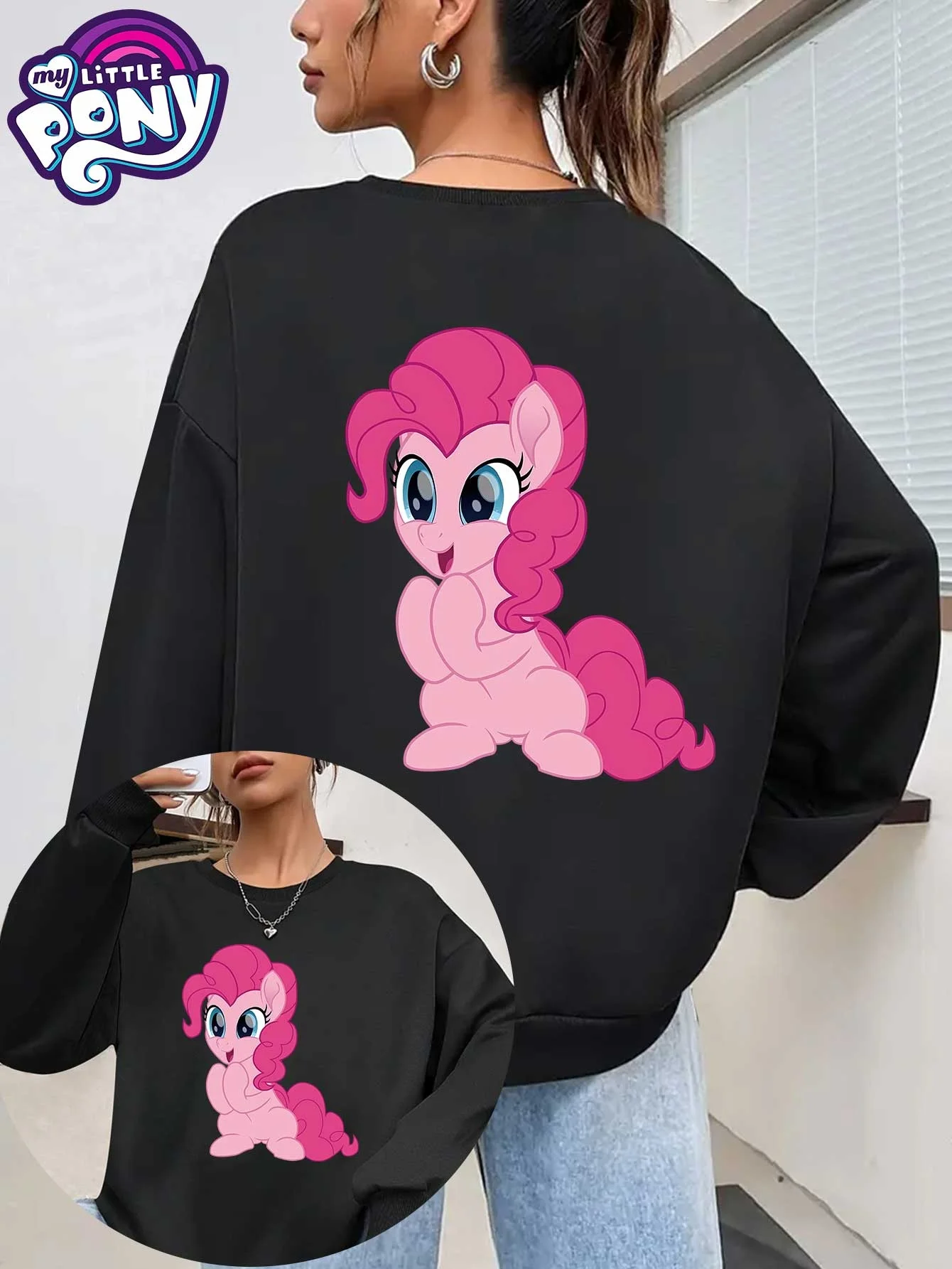 

Cute Pinkie Pie Surprise Face Graphic Sweatshirt, My Little Pony Casual Long Sleeve Black Pullover