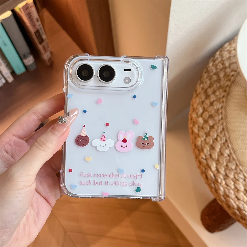 Cute Party Cartoon Animal Sticker Phone Case For iPhone Duo Kawaii Bear Rabbit Dog Cookie Heart Dots Clear Protective Cover