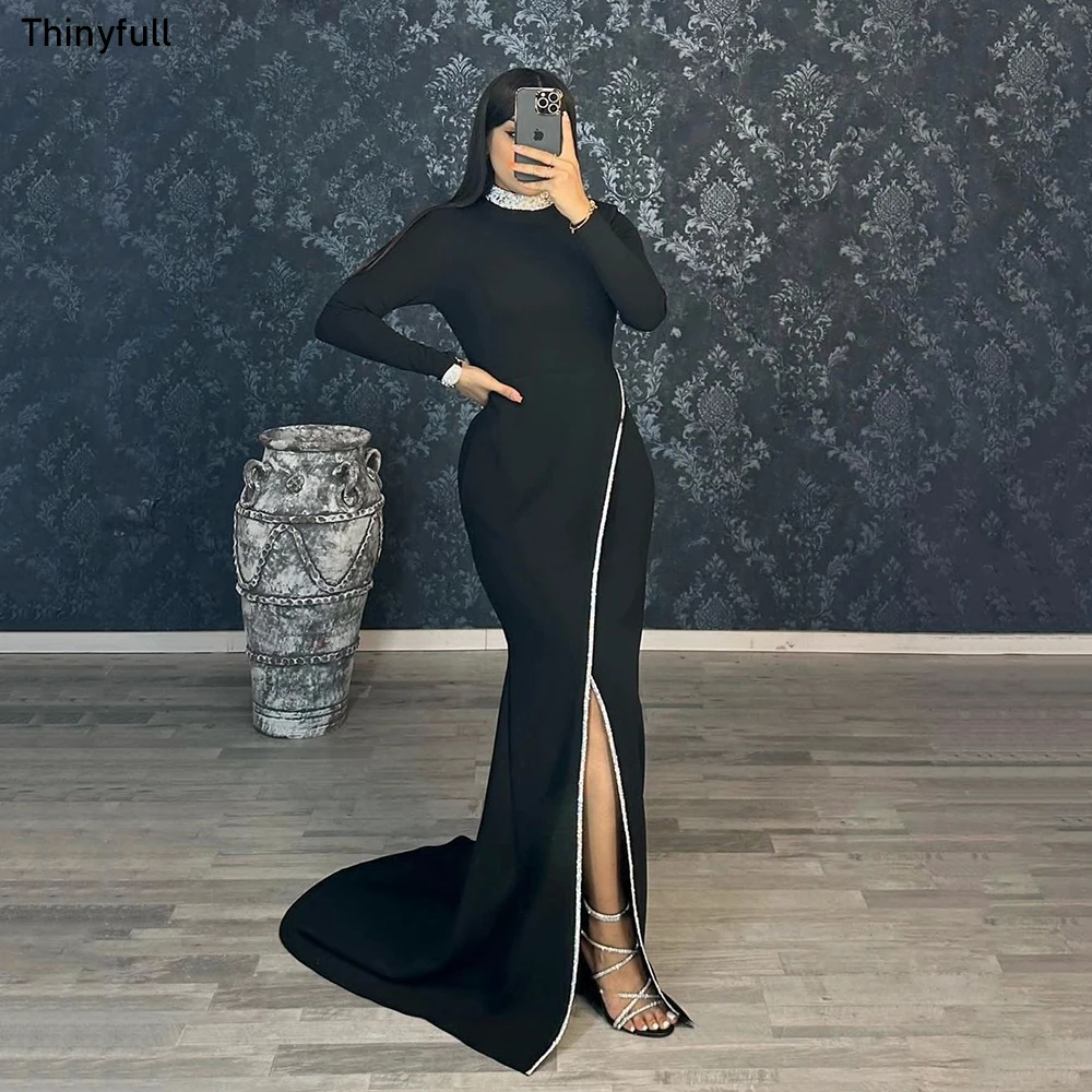 

Thinyfull Mermaid Saudi Arabia Black Prom Dresse O-neck Long Sleeves Split Evening Party Gown 2023 Elegant Formal Occasion Dress