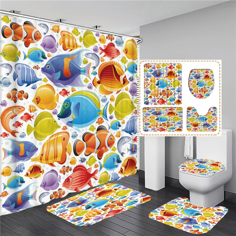 

Ocean Underwater World Cartoon Fish Dolphin 3D Print Waterproof Shower Curtain with Rug Toilet Cover Bath Mat Set Bathroom Decor