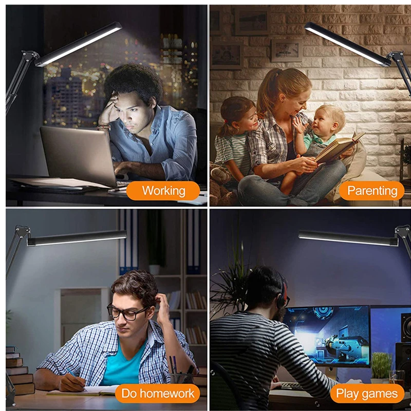 LED Folding Metal Desk Lamp Clip on Light Clamp Long Arm Diming Table Lamp 3 Colors Adjustable For Living Room Reading Computers