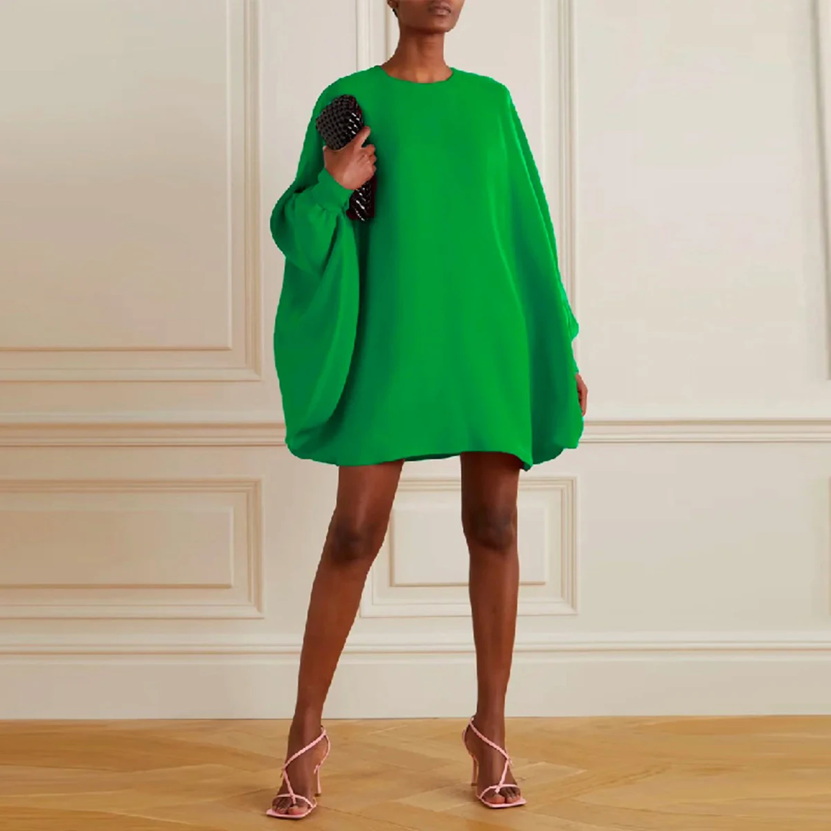 Uoozee Summer Fashion Female Green Dress Loose Simple Long Batwing Sleeves Solid Color Round-Neck Mini Dresses For Women 2022