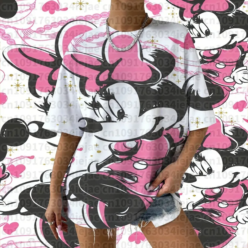 

2025-26 Summer Women's Disney Minnie Mouse Pink Graphic T-Shirt Trendy Top Streetwear, Parties & Casual Fashion Enthusiasts Tee
