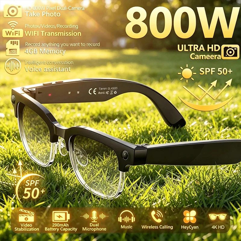 

Умные очки 2026 для мужчин и женщин с камерой 4K 8 МП HD, переводом на 140+ языков, ChatGPT, Wi-Fi, записью видео, Bluetooth-звонками и аудиофункциями
