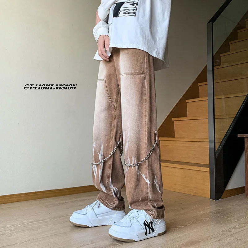 Men Tie Dye Gradient Color Brown Jeans Mens American Retro Jean Pants High Street Trendy Brand Chain Design Cargo Pants Techwear