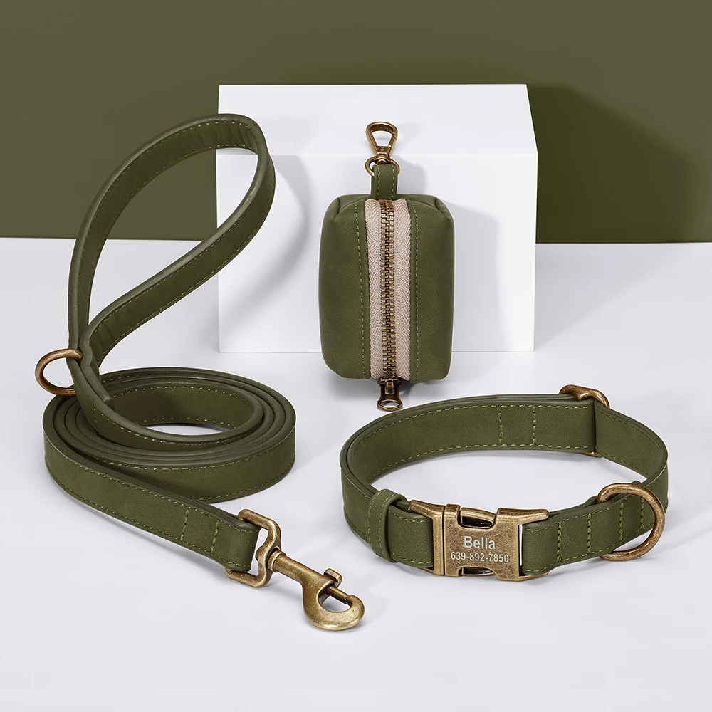 Set personalizzato di collare e guinzaglio per cani, in pelle PU, con fibbia vintage, collana e sacchetto per escrementi per cani e carlini._voghion.com