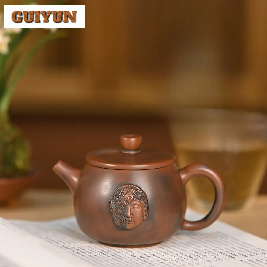 225ml Boutique Qinzhou Nixing Pottery Teapot Master Handmade Bucket Gold Pot Carving Buddha Raw Ore Mud Kettle Teaset Supplies