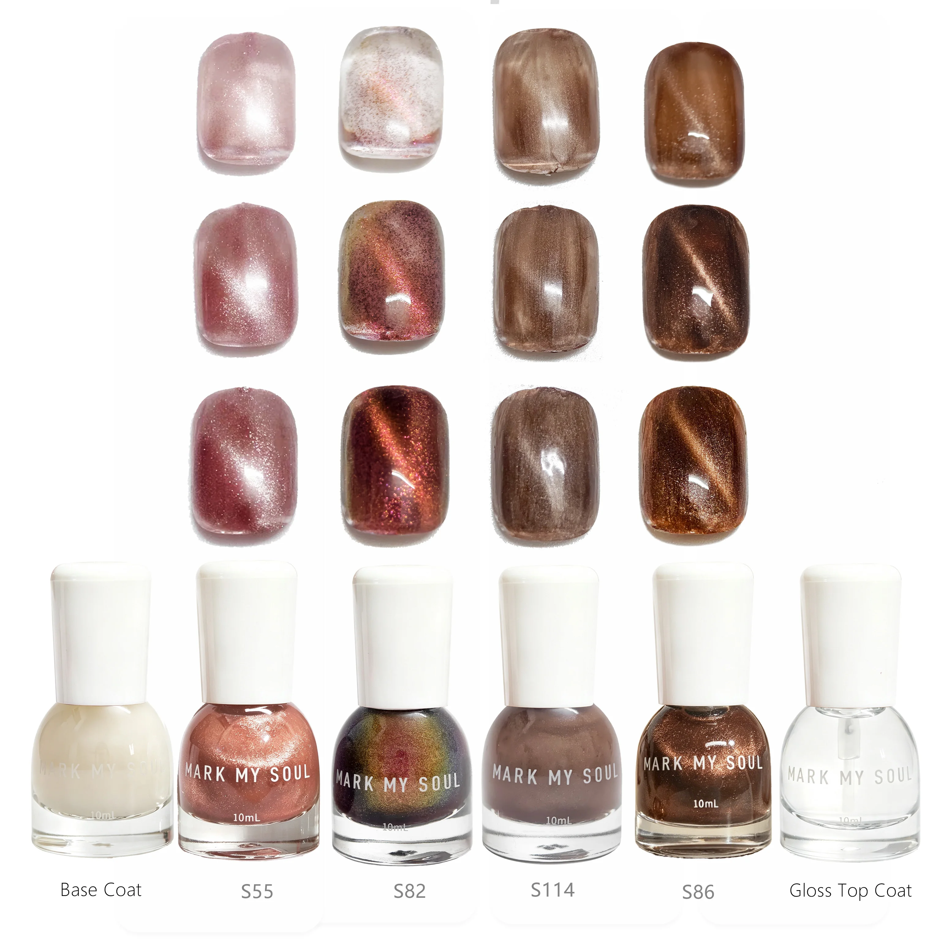 6 Pieces Milk Tea Earth Tone Iridescent Contrast Gilded Glass Shimmer Cat Eye, MARK MY SOUL No UV Lamp Cat Eye Nail Polish Set,