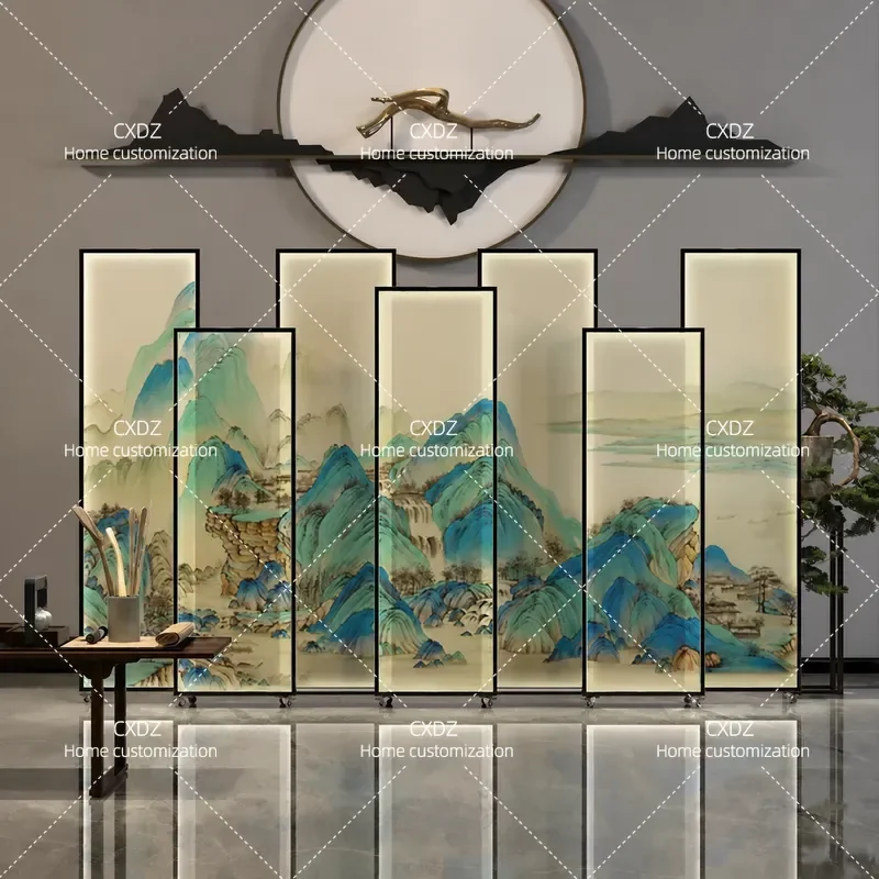 New Chinese Style Luminous Screen Partition with Lamp Metal Mobile Semi-transparent Divider for Living Room Hotel Tea Room