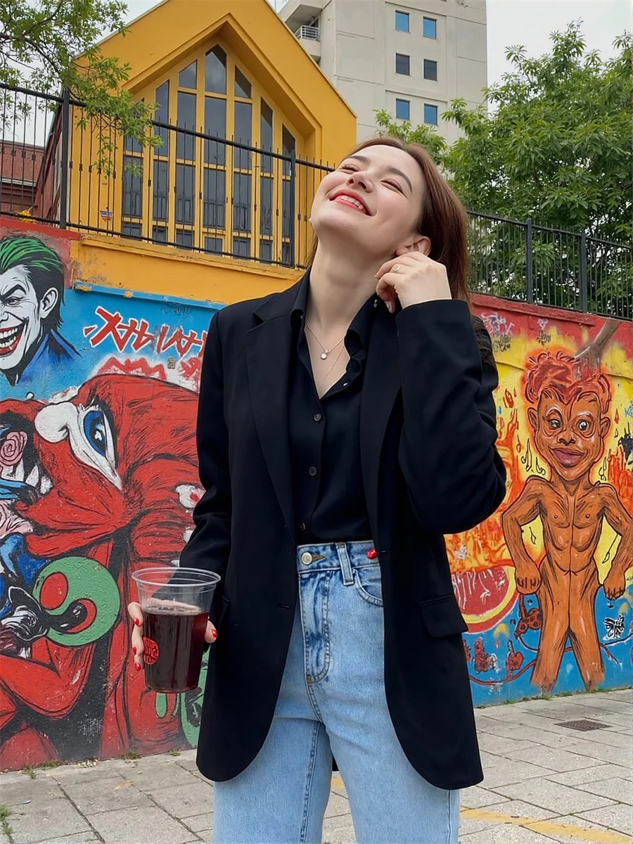 

Black White Top Work Fall Striped Pocket Decoration Double Student Fashionable Slim Fit Seven Quarter Rolled Shoulder Pads Tops