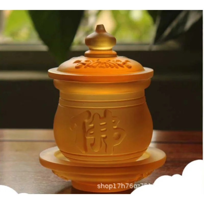 Tasse à thé en céramique émaillée traditionnelle, motif Bouddha et lotus, pour offrande sacrée, Grande Compassion, couleur ambre