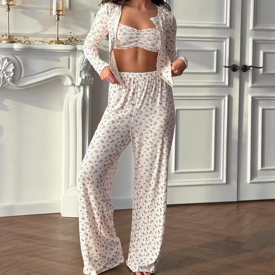 Jacquard Knitted Suspender Underwear Long-sleeved Trousers Pajamas Three-piece Set 2026 Autumn and Winter New Women's Home Wear