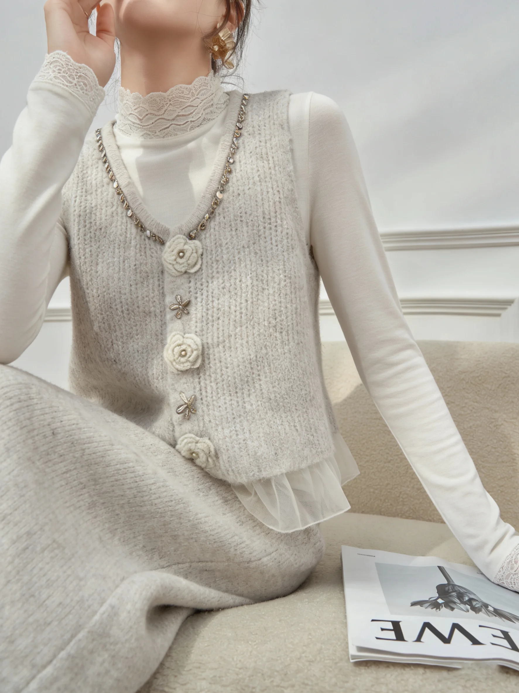 

3D Flower V-Ne Open Cardigan Vest f Skirt Set Women's Faion Spring Outfit High Waist Pear ape Casual Loose Fit