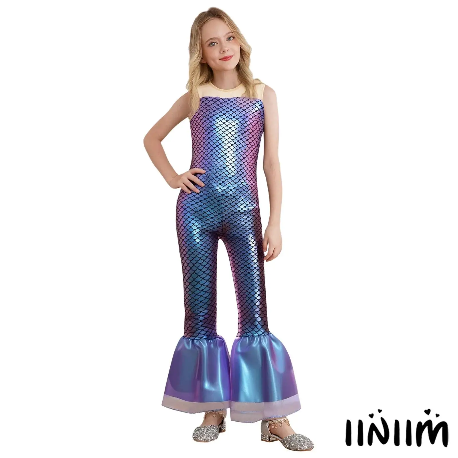 

Kids Girls Halloween Cosplay Costume Sleeveless Fish Scales Print Flared Mermaid Jumpsuit Halloween Mermaid Dress-up Costume