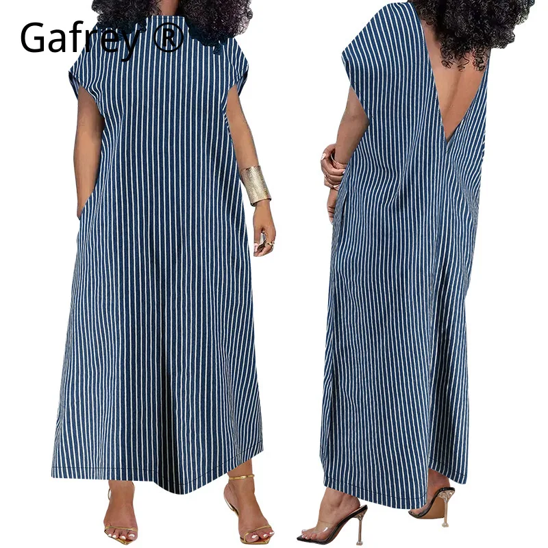 

Plus Size Oversized Striped Denim Dress Sleeveless Round Neck Casual Long Maxi Open Back Summer 2026