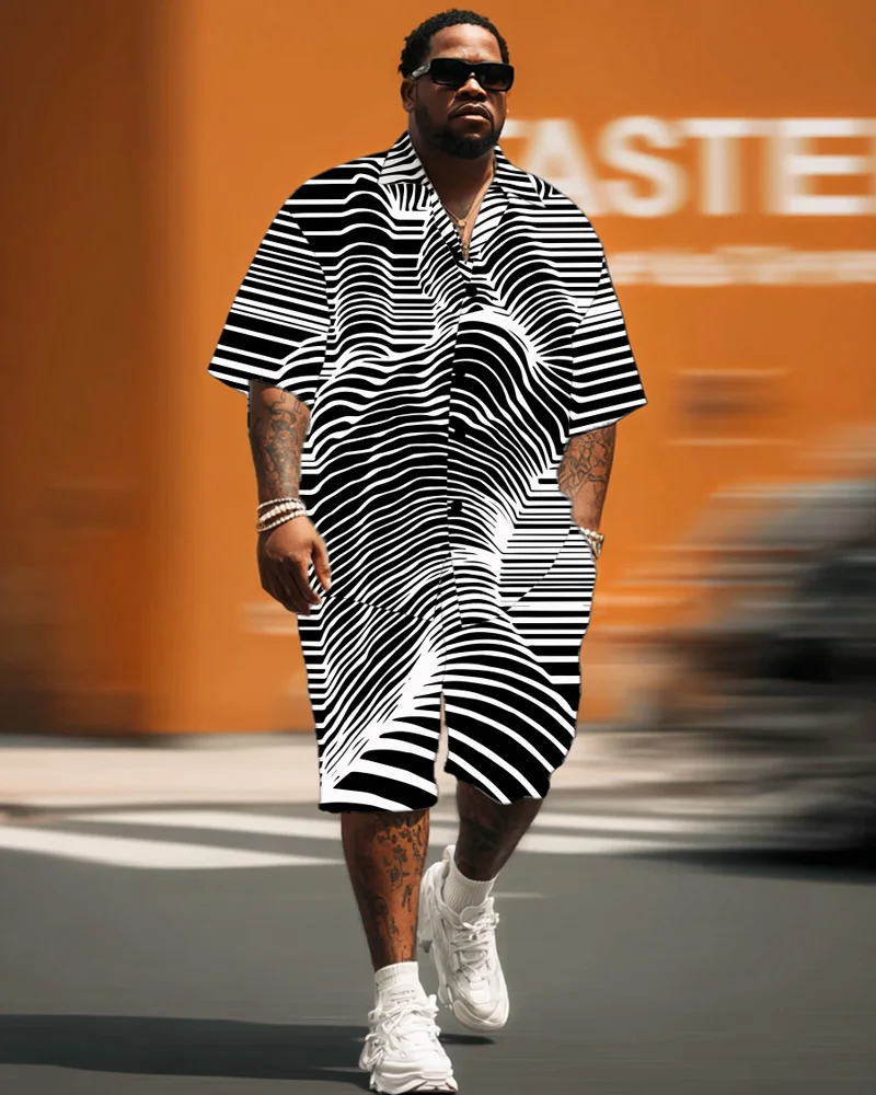 

S-9XL Men's Large Size Body Print Shirt Short Sleeve Shorts Two-piece Set