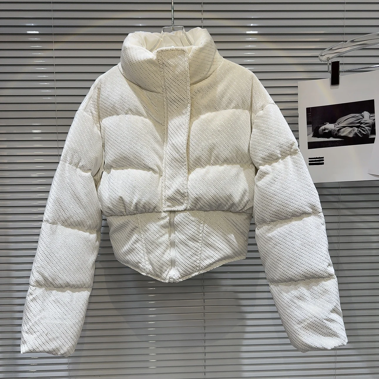 Sequins Fleece Women's Cotton Jacket Winter Stand Up Collar Rhinestone Thicken Coat American Fashion High Street Warm Jackets
