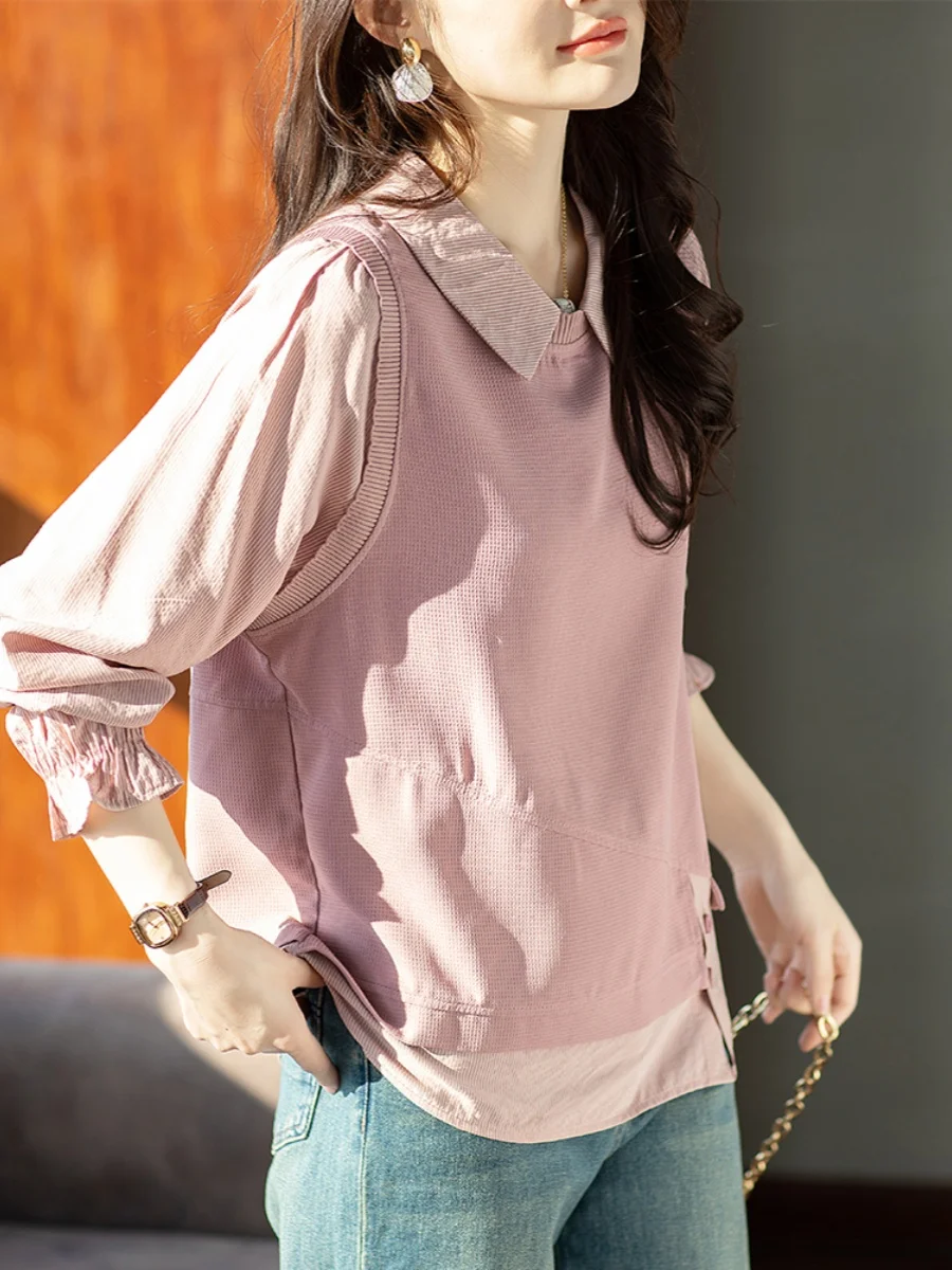 Vorfrühling künstlerische Kontrastfarbe Streifen Spleißen gefälschte zweiteilige lange Sve irt Kragen Top für Plus Size Frauen trendig