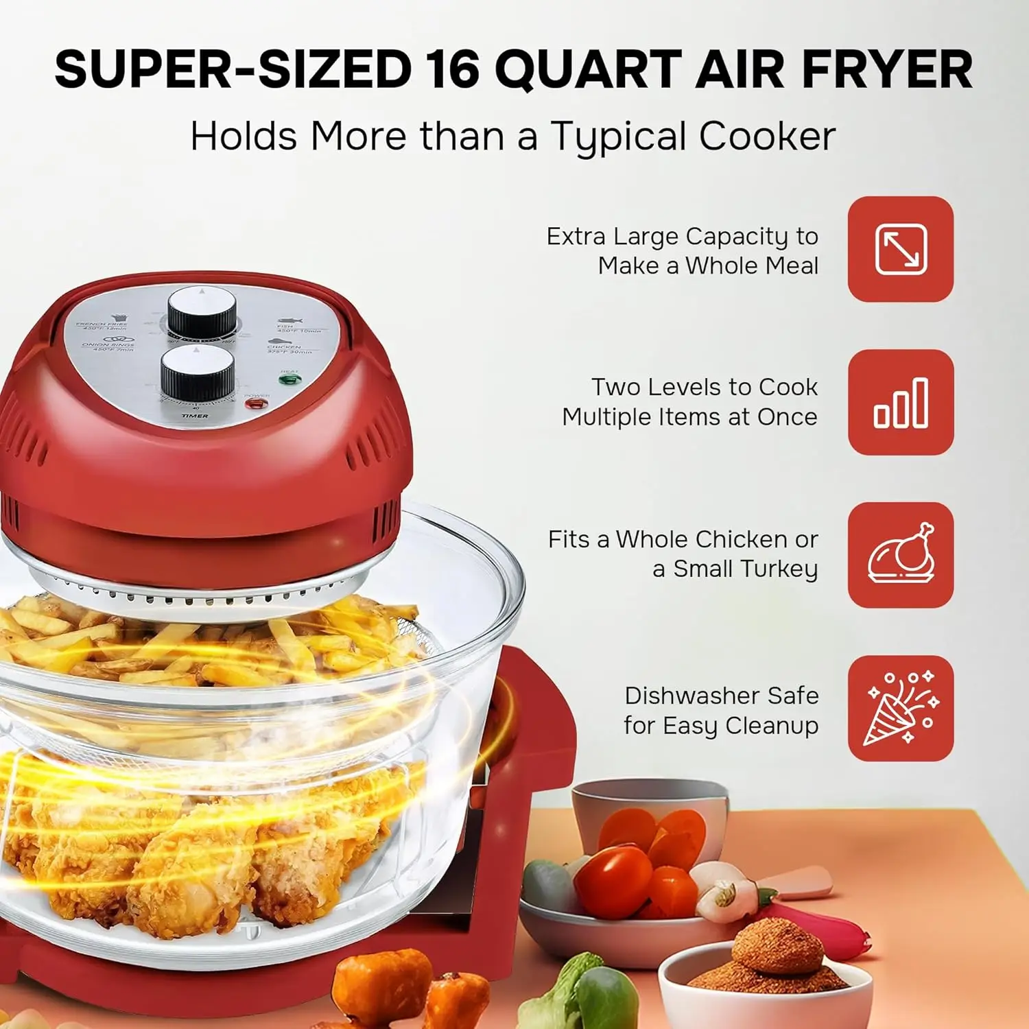 16Qt Large Air Fryer Oven Large Halogen Oven Cooker with 50+ Air Fryers Recipe Book for Quick + Easy Meals for Entire Family