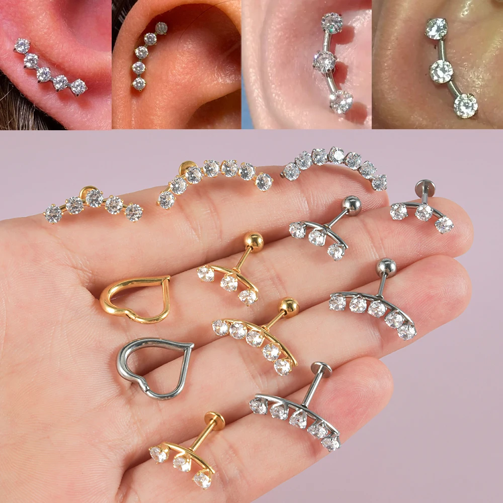 1PC Three/Five/Seven Zirco Ear Tragus Cartilage Piercing Stainless Steel Heart Helix Hoop Daith Lip Piercing Body Jewelry 20G