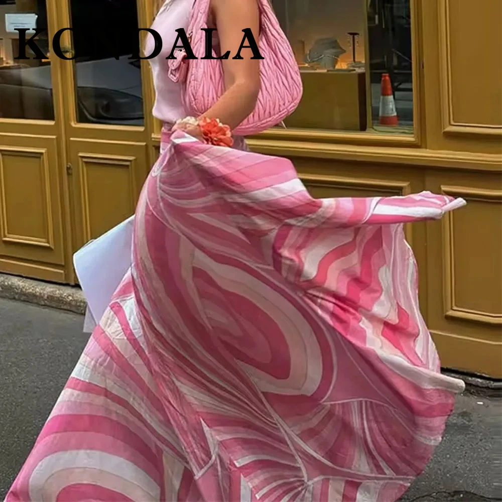 

KONDALA Chic 2025 Print Casual Holiday Woman Suit Single Breasted Straight Shirt+Zipper Pink Swing Long Skirt Fashion Mujer Set