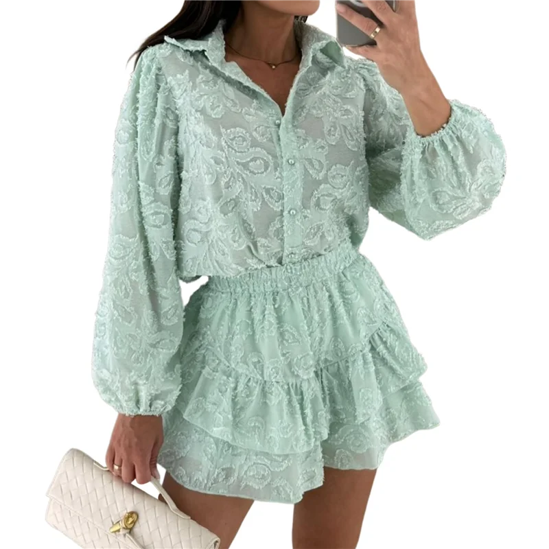 ABRT-Damen 2-teiliges Spitzenbluse-T-Shirt-Oberteil, figurbetonte Shorts, Party, Clubwear, Trainingsanzug, Outfits-Set