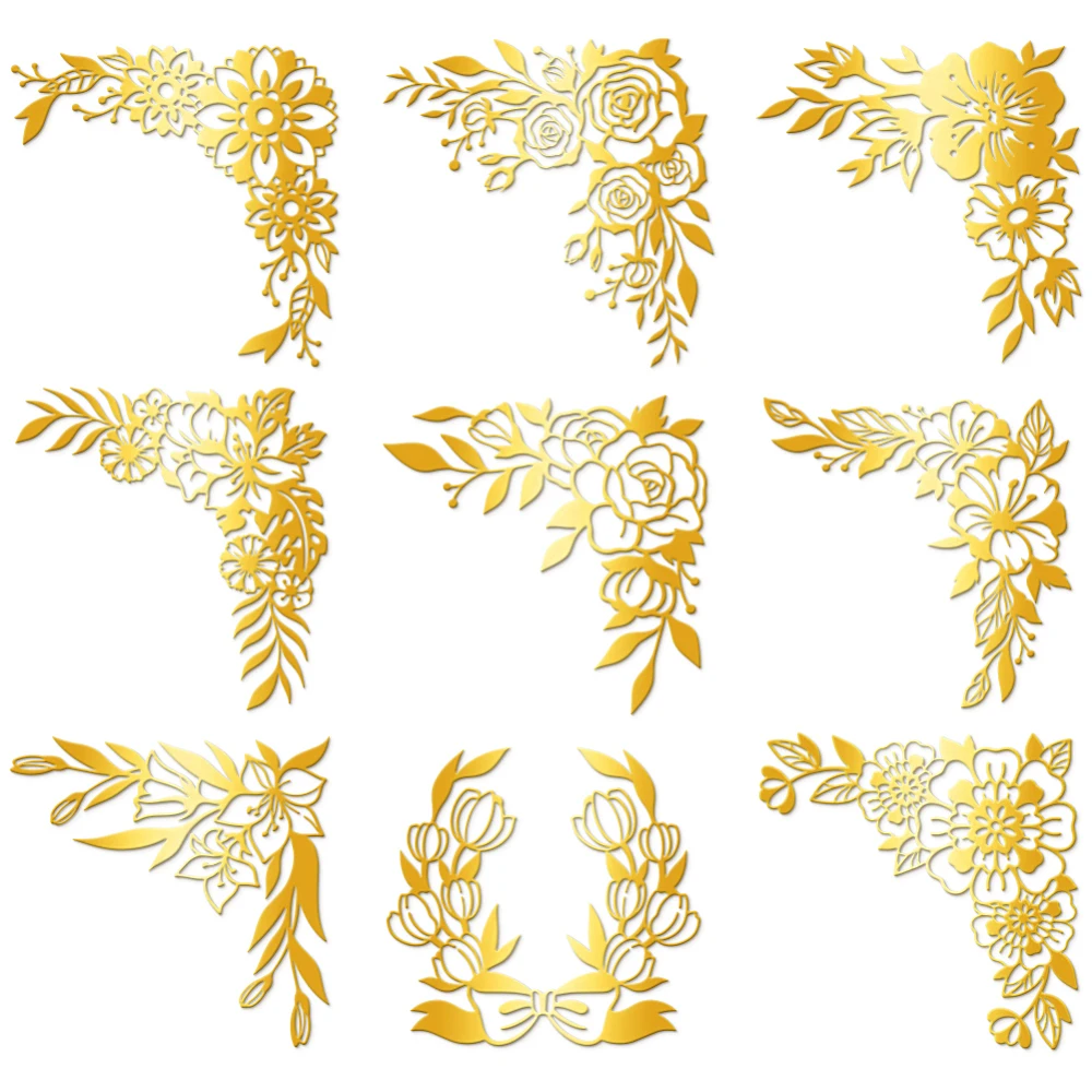 

9Pcs Nickel Self-adhesive Picture Stickers Metal Decals Golden Floral 40x40mm